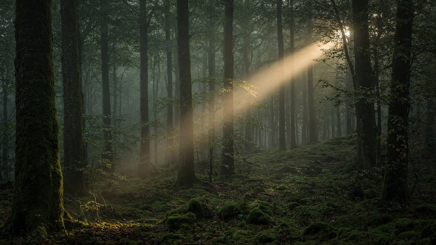 Ochtendlicht door een stil Europees bos